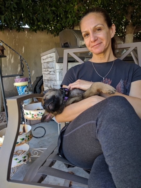 A woman holding a dog on her lap.