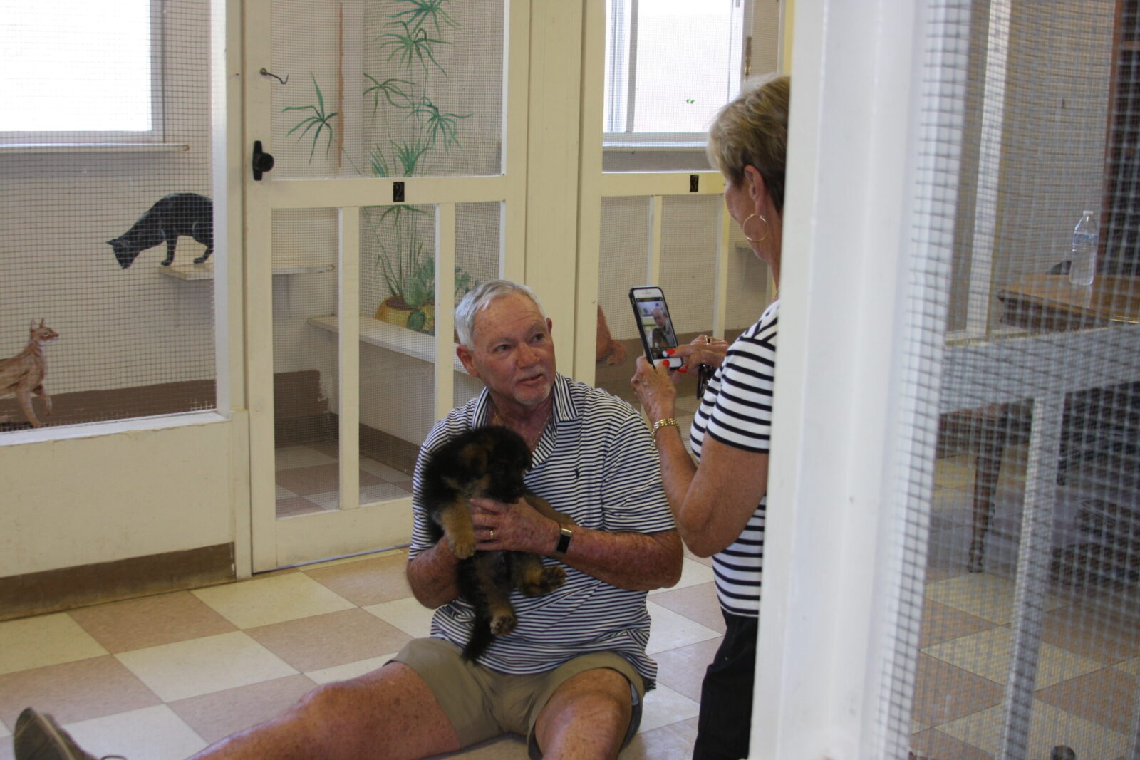 A man and woman holding a dog in their lap.